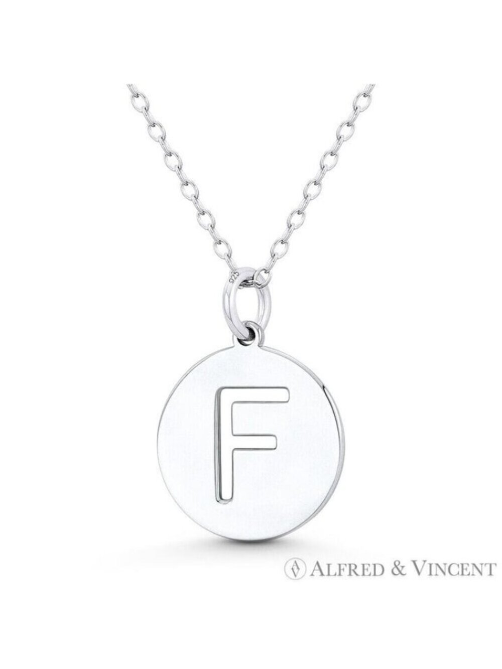 Initial Letter "F" Cutout 20x15mm Round Disc Pendant in .925 Sterling Silver